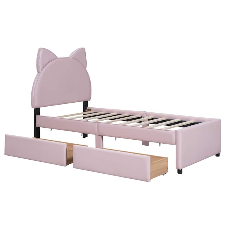 Upholstered Platform Bed with Cute Headboard and 2 Drawers