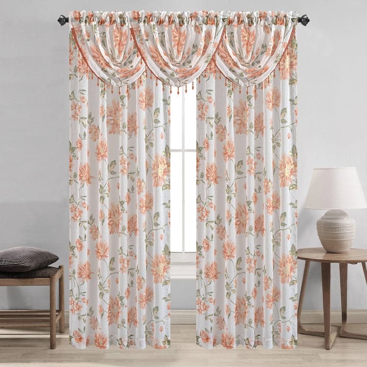 Anna Sheer Metallic Floral Rod Pocket Window Panel & Waterfall Valance, All Sold Separately - Panel - 54x84 Inches - Orange