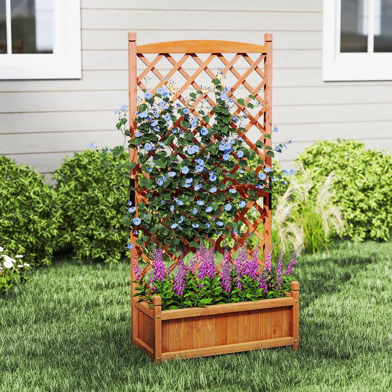 Gymax 60'' Tall Raised Garden Bed w/ Diamond Lattice Trellis Drainage