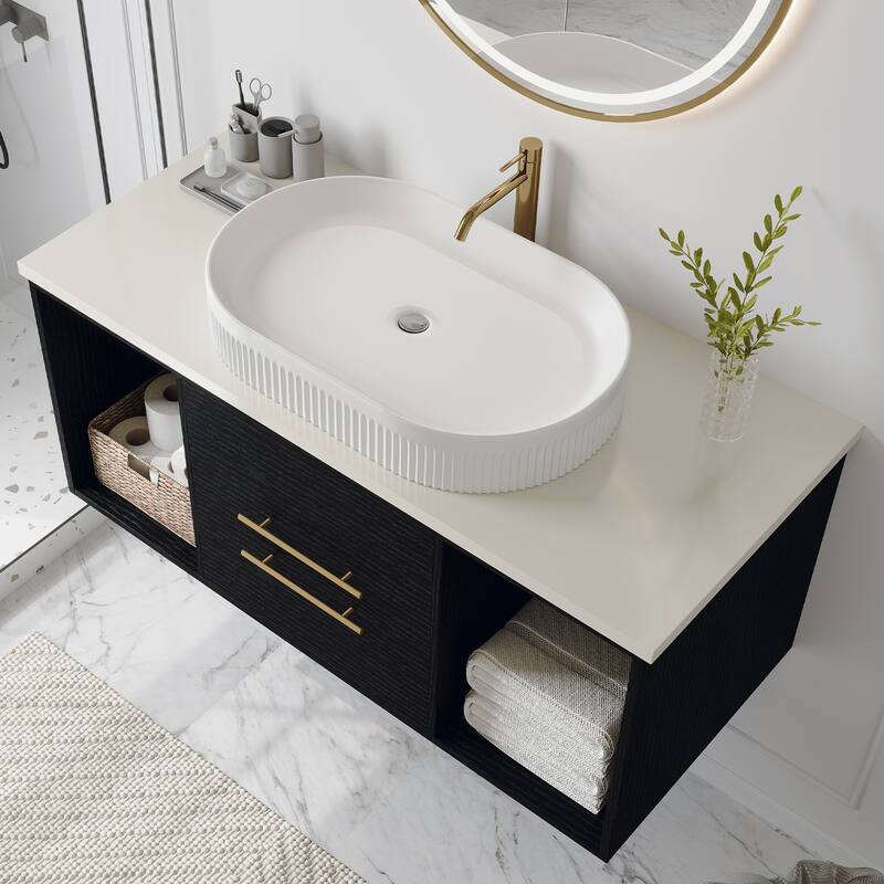 39.4"Wall-Mounted Bathroom Vanity with Ceramic Sink Floating Vanity Multi-Layer Cabinet Soft-Close Drawers Open Shelf Storage