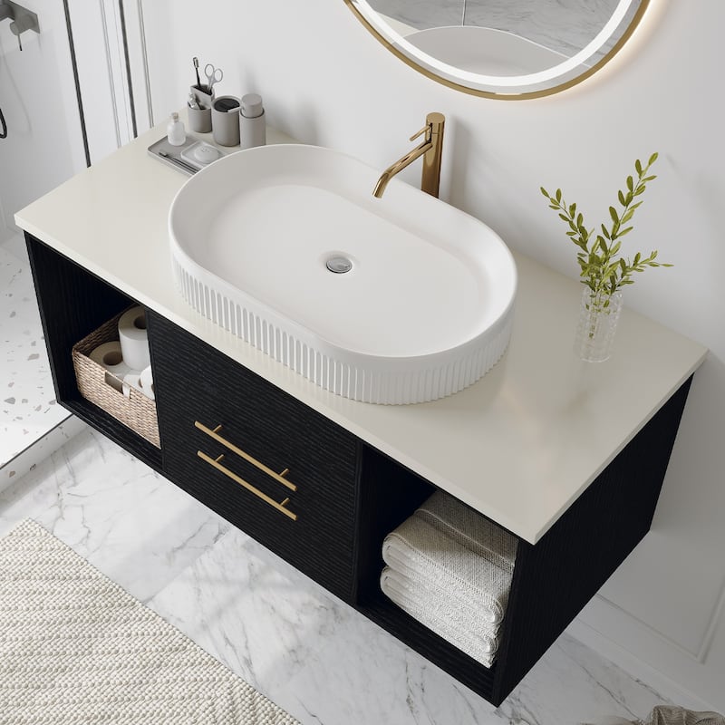 GDFStudio - Modern Wall-Mounted Multi-Layer Solid Wood Bathroom Vanity with Ceramic Vessel Sink & Open Shelf Storage - 40"