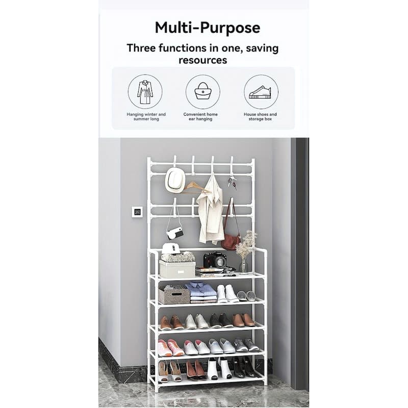 5-Tier Freestanding Shoe Rack and Coat Stand Entryway Organizer for Shoes Boots Hats - 26”L x 11”W x 68.9”H
