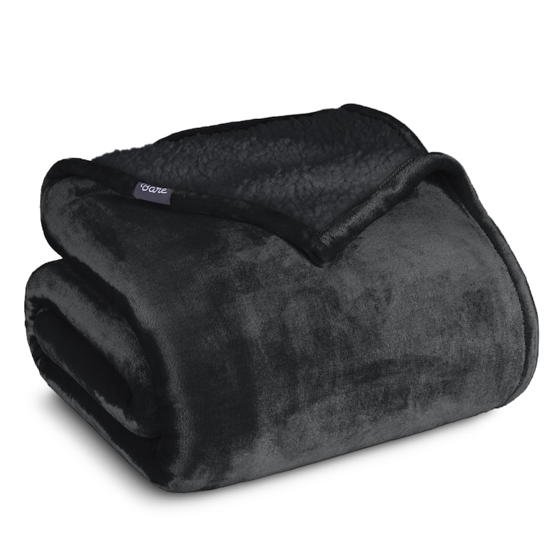 Bare Home Sherpa Fleece Blanket - Reversible Plush Bed Blanket - King - Black - Black