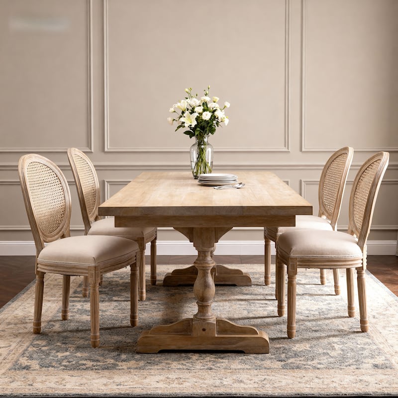 French Style Solid Wood Frame Linen Fabric Rattan Back Dining Chair, Set of 2