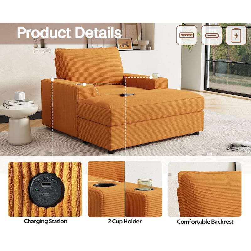 42.8" Oversized Chaise Lounge Chair with Storage Ottoman, Corduroy Sofa Bed with Cup Holders & USB Charging Port