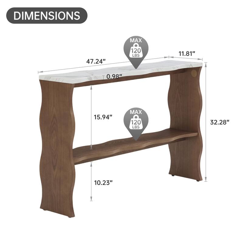 47.24" Whisper of Waves Modern Console Table / White Marble-Pattern Top, Solid Wood Veneered Sofa Table / Open Storage Shelf