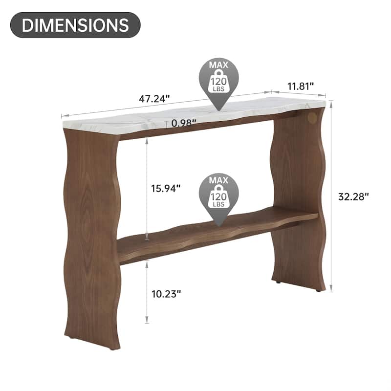 Modern Marble-Pattern Console Table Sofa Table Entryway Table with Open Storage Shelf, for Living Room, Walnut Brown