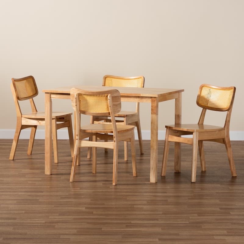 Dulcet Mid-Century Oak Brown Finished Wood and Rattan 5-Piece Dining Set