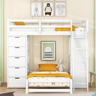 Elegant & Practical Twin over Twin Bunk Bed with Drawers, Shelves and Desk, LED Light and USB Ports, Maximum storage, White