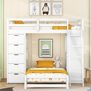 Twin over Twin Bunk Bed with LED Light and USB Ports, Platform Bed with Storage Drawers, Wooden Bed with Desk and Ladder, White