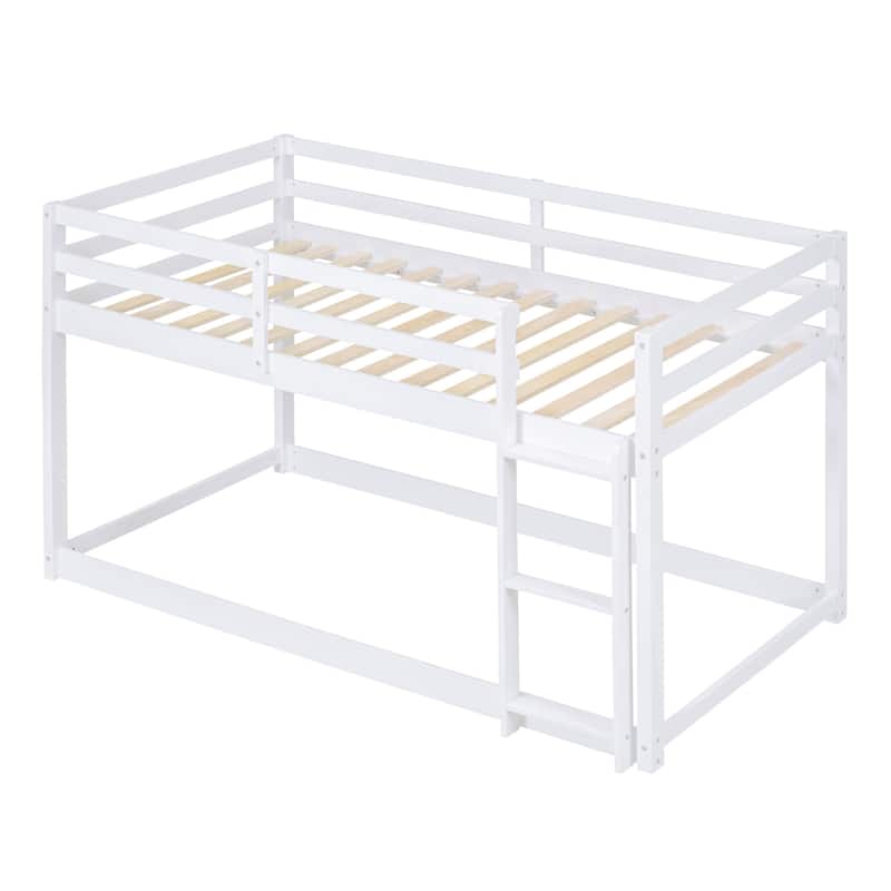 Twin over Twin Floor Bunk Bed with Ladder, White