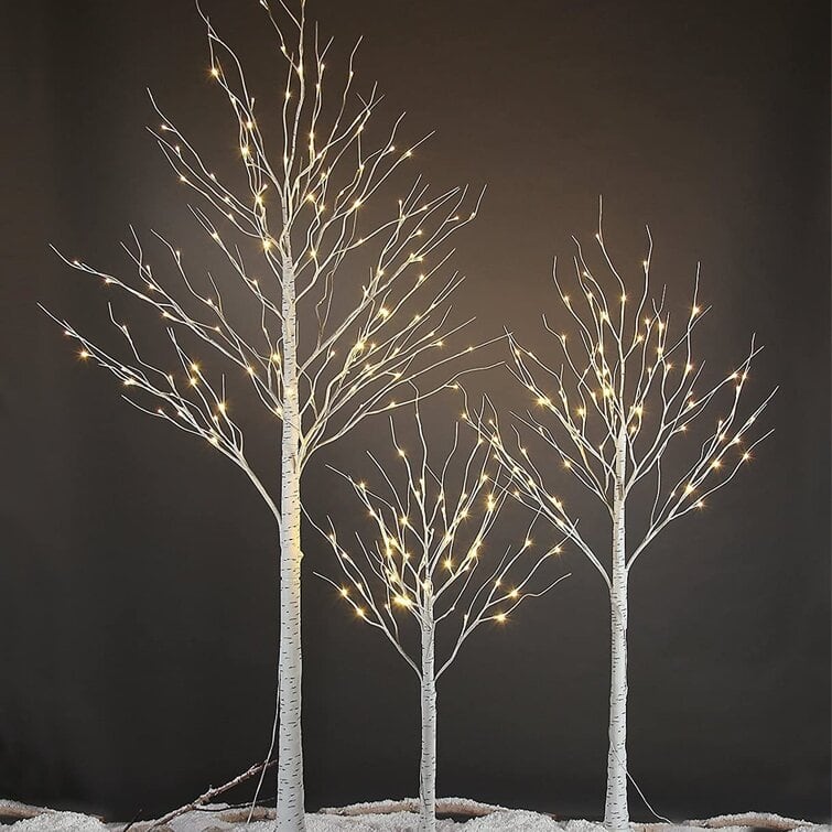 3 Piece Lighted Trees and Branches Set, Christmas Holiday Party Decorations Pre-Lit White Birch Tree LED Lighted Trees