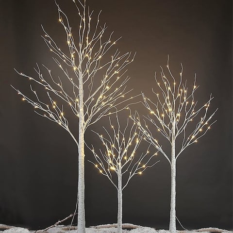 3 Piece Lighted Trees and Branches Set, Christmas Holiday Party Decorations Pre-Lit White Birch Tree LED Lighted Trees