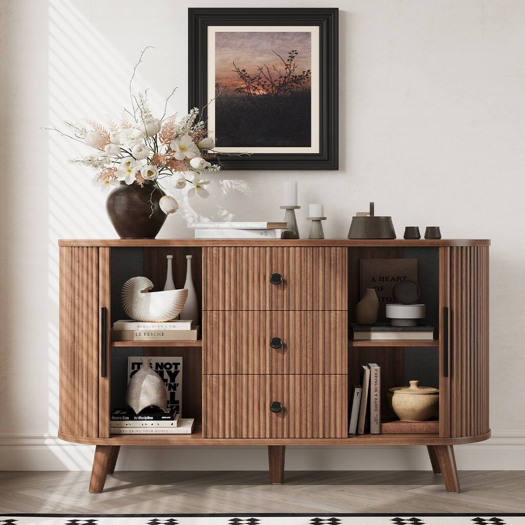 Sideboard Buffet Cabinet with 2 Sliding Tambour Doors and 3 Drawers, Storage Cabinet with Adjustable Shelves for Living Room