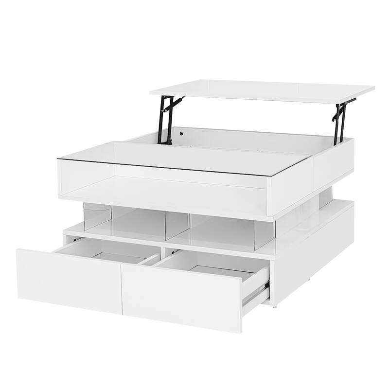 High Gloss Lift-Top Coffee Table with LED Lights and Hidden Storage, 2-Tier Modern Living Room Accent Table