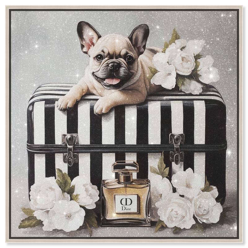 Frenchie Luggage Flowers Canvas by Art Remedy - Silver - 24" x 24"