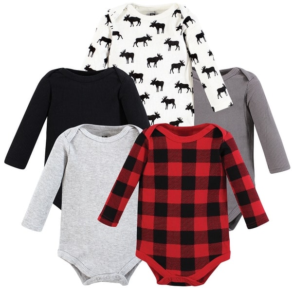 slide 1 of 1, Hudson Baby Infant Boy Thermal Long Sleeve Bodysuits, Buffalo Plaid Moose 0-3 Months - Buffalo Plaid Moose