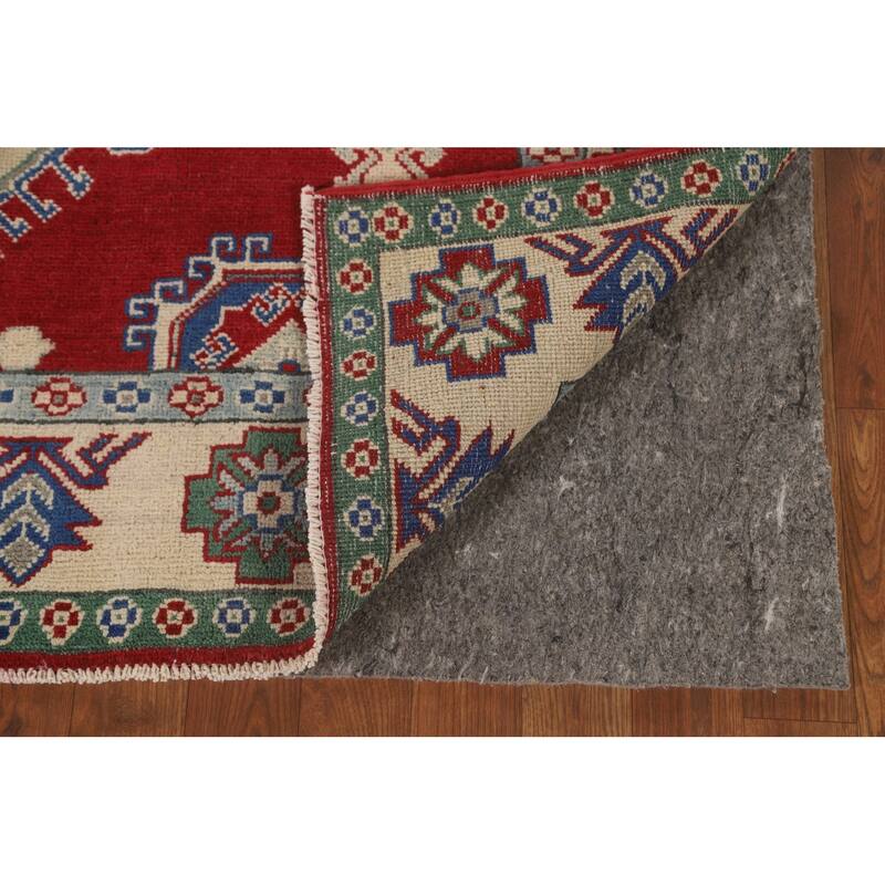 Red Geometric Kazak Area Rug Hand-Knotted Oriental Wool Carpet - 5'5" x 6'5"