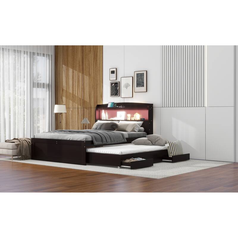Full XL Size Platform Bed with Storage LED Headboard, Charging Station, Twin Size Trundle, and 2 Drawers