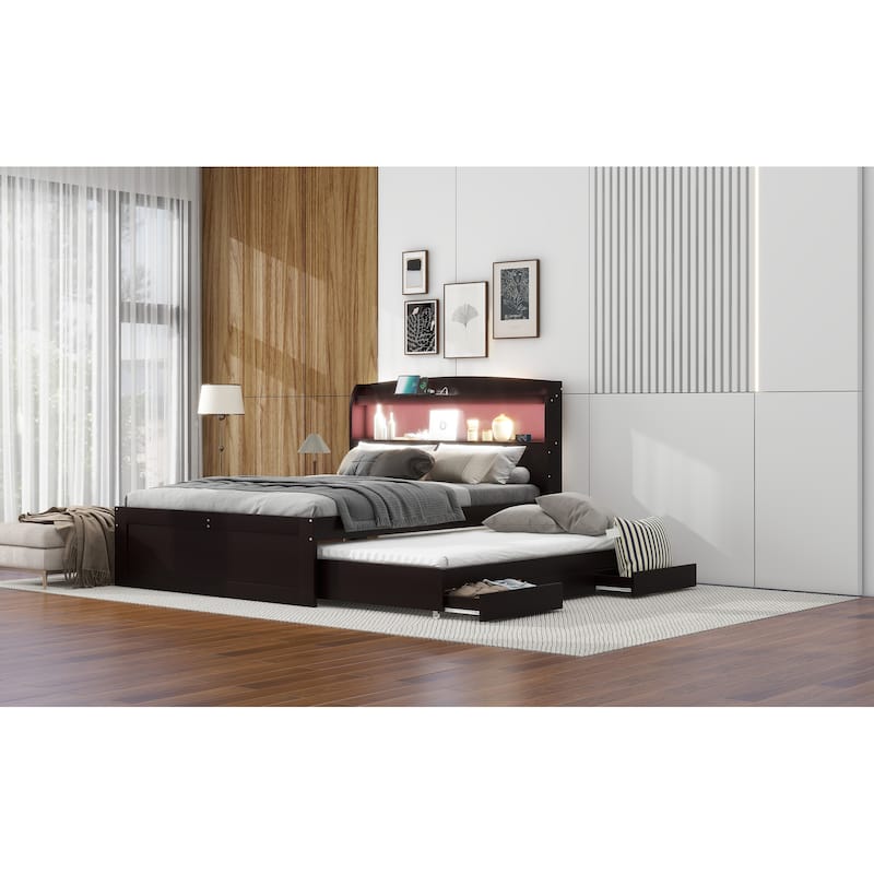 Twin XL/Full XL Size Platform Bed with LED Storage Headboard and Charging Station, Wood Bed Frame w/Twin Size Trundle &2 Drawers