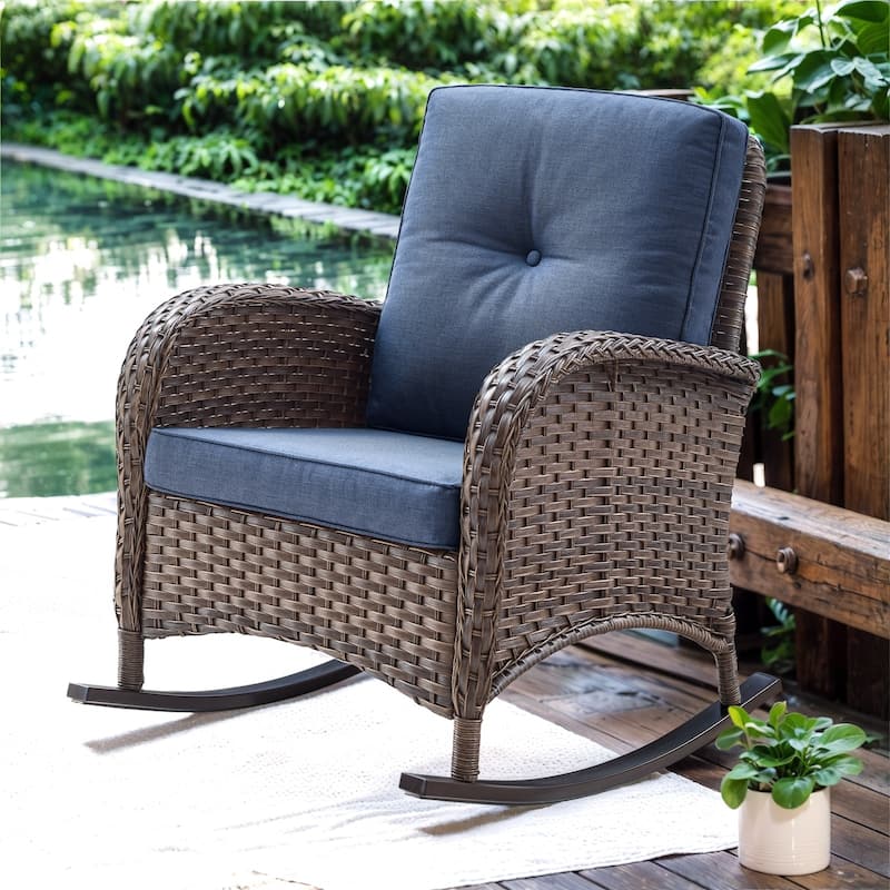 High Back Rocking Chair Outdoor with Cushion - Blue - Brown
