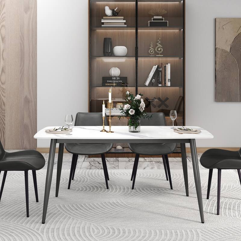 63" Rectangle Modern Sintered Stone Dining Table, Industrial Kitchen Table with Metal Legs for 6 People