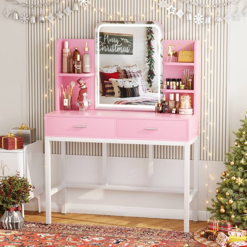 Modern Vanity Desk with LED Mirror, Makeup Table with Storage Drawers and Shelves - N/A