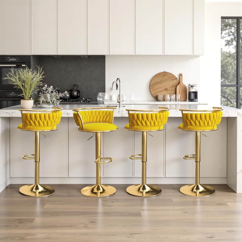 4 Set Modern Velvet Adjustable Swivel Bar Stools with Metal Frame - Gold/Yellow.