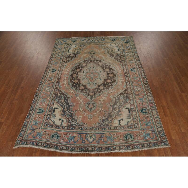 Vintage Orange Tabriz Persian Rug Handmade Traditional Wool Carpet - 6'7" x 9'4"
