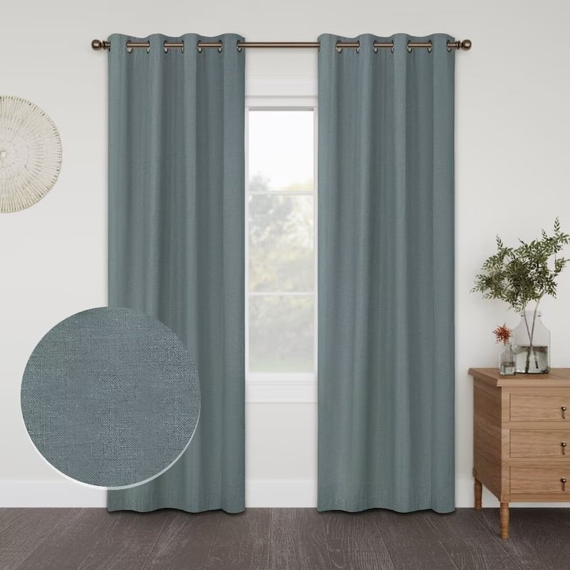 Linen Slub Blackout Grommet Curtain Pair(2 Panels) - 52"Wx96"L - River Blue