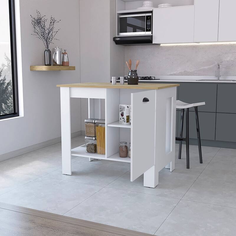 Vancouver 1-Door Kitchen Island with Open Shelf White and Macadamia - White