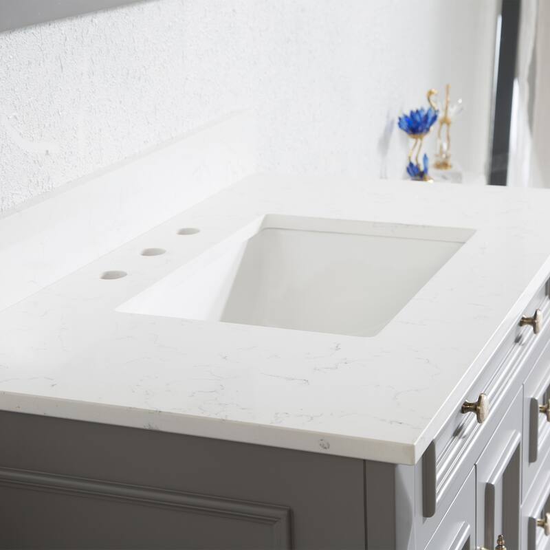 35'' H X 36'' W Solid Wood Bath Vanity with Stain-resistant Carrera Quartz Top and Single Sink
