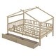 preview thumbnail 39 of 42, Full Size House Bed with Storage Drawers, Wooden Bed Frame with Fence & Wood Slat Support for Boys, Girls, No Box Spring Needed