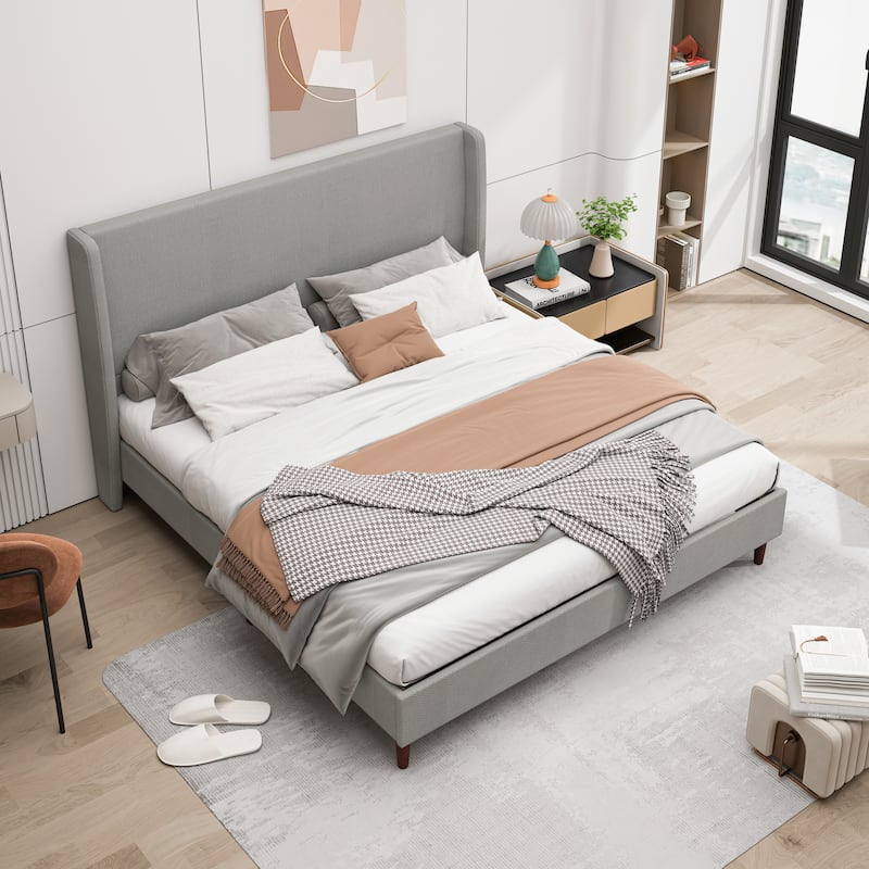 Queen/King Size Bed Frame Chenille Upholstered Bed High Headboard