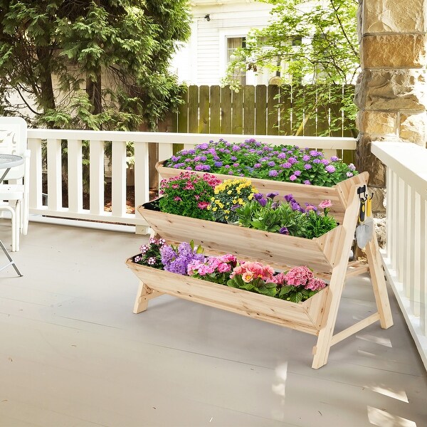 3 Tier Wooden Vertical Raised Garden Bed w/Storage Shelf & Side