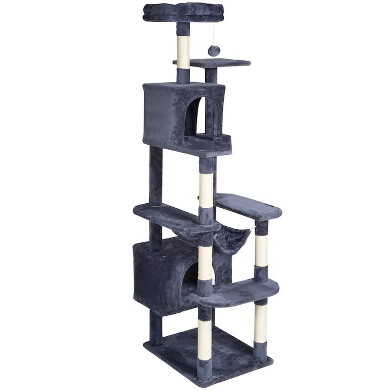 Dark Grey Plush Multi-Level Cat Tree with Condos, Hammock and Toys - Dark Grey