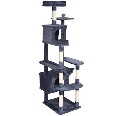 Dark Grey Plush Multi-Level Cat Tree with Condos, Hammock and Toys
