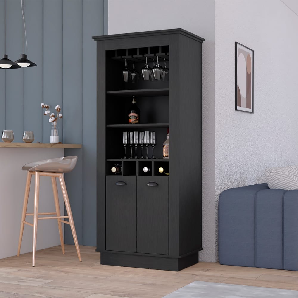 Lafayette Bar Cabinet with 4-Bottle Rack, Upper Glass Holder and Dual Door Design