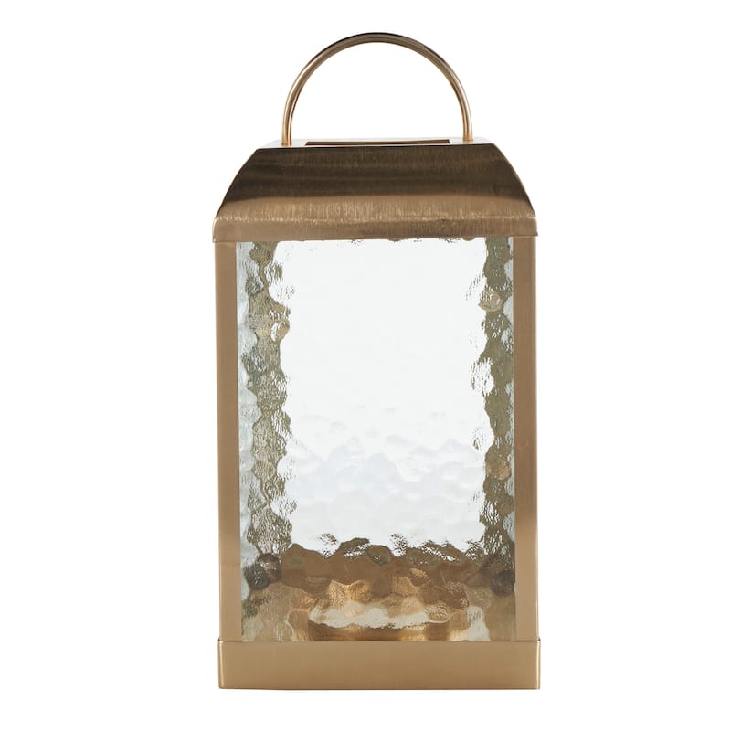 Metal Candle Lantern with Pebbled Glass - Gold - Roche River Decor - 8"W x 8"L x 16"H