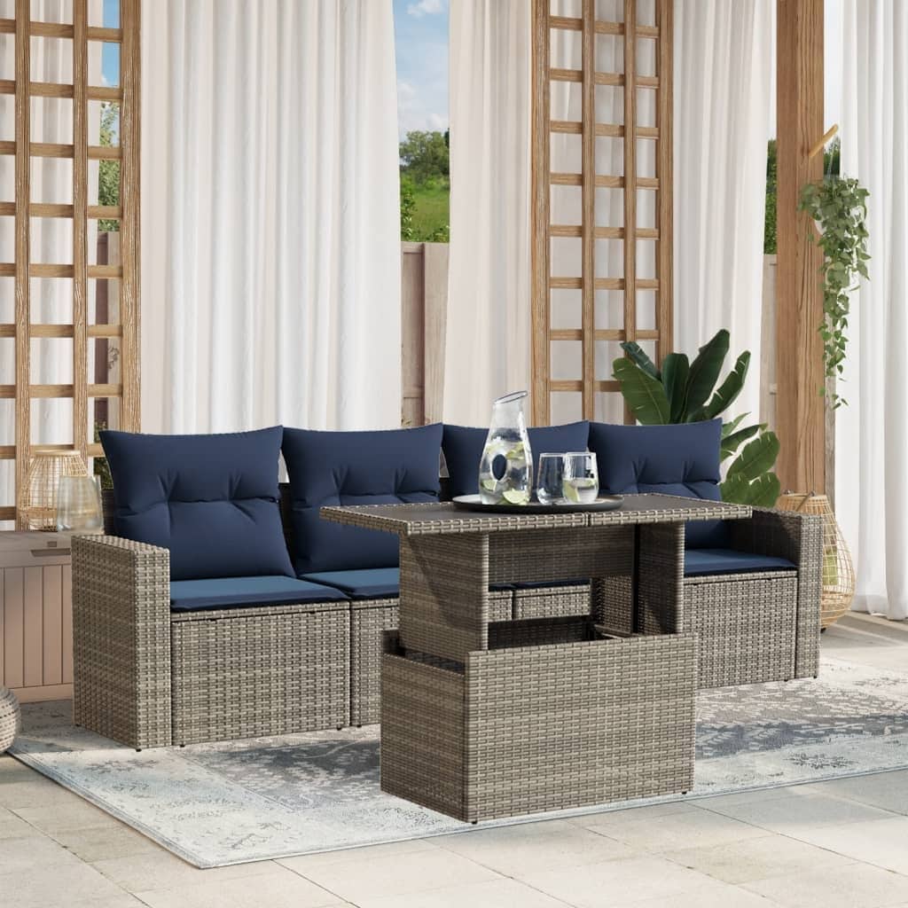 vidaXL Patio Sofa Set with Cushions and Table Outdoor 5 Piece Poly Rattan - 21.7 x 24.4 x 27.2