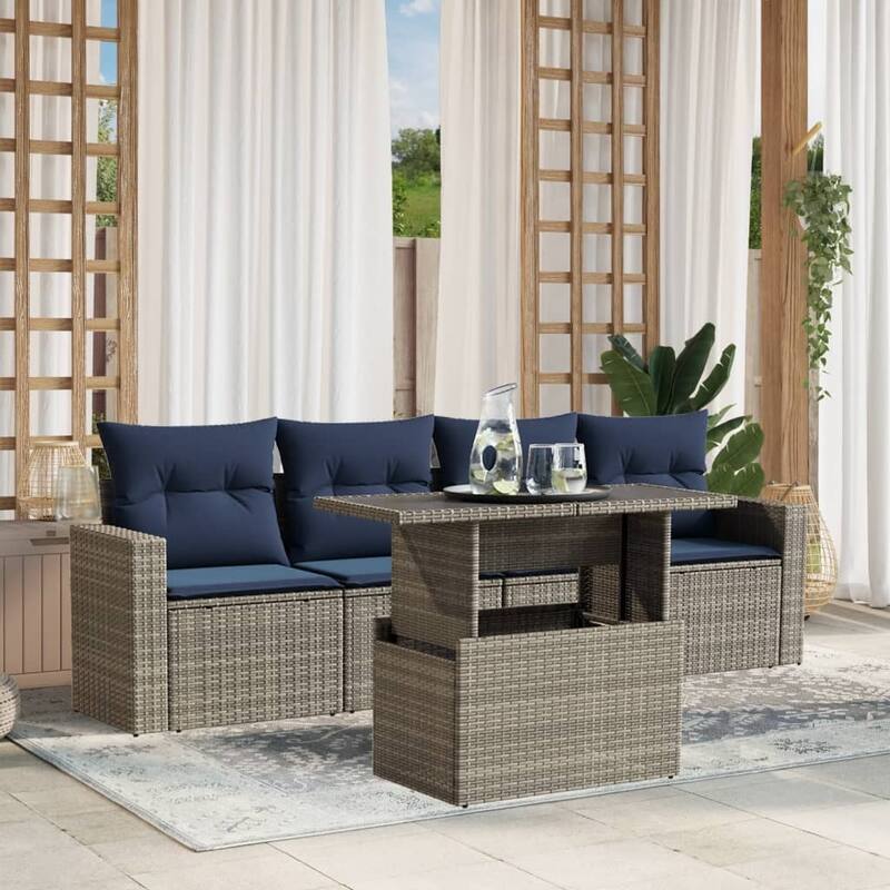 vidaXL Patio Sofa Set with Cushions and Table Outdoor 5 Piece Poly Rattan - 21.7 x 24.4 x 27.2 - Gray without storage