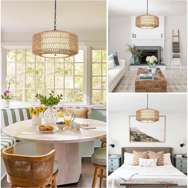 Farmhouse 4-Light Hand-Woven Rattan Chandelier - Adjustable Height