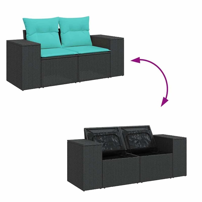 vidaXL 6 Piece Patio Sofa Set with Cushions Black Poly Rattan Acacia - 21.7 x 24.4 x 27.2
