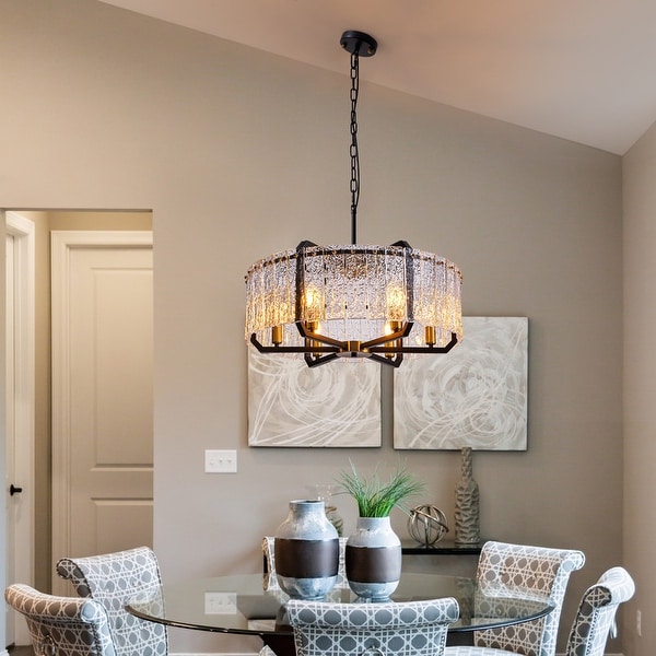 25 in. Black Modern Chandelier 6 Light Drum Pendant Light Water Ripple Glass Ceiling Lighting for Kitchen Island Dining Room On Sale Bed Bath Beyond 40193000