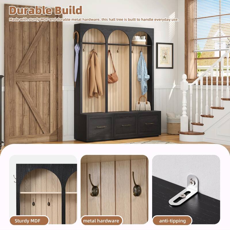 Farmhouse Wooden Style Hall Tree with Arched Design