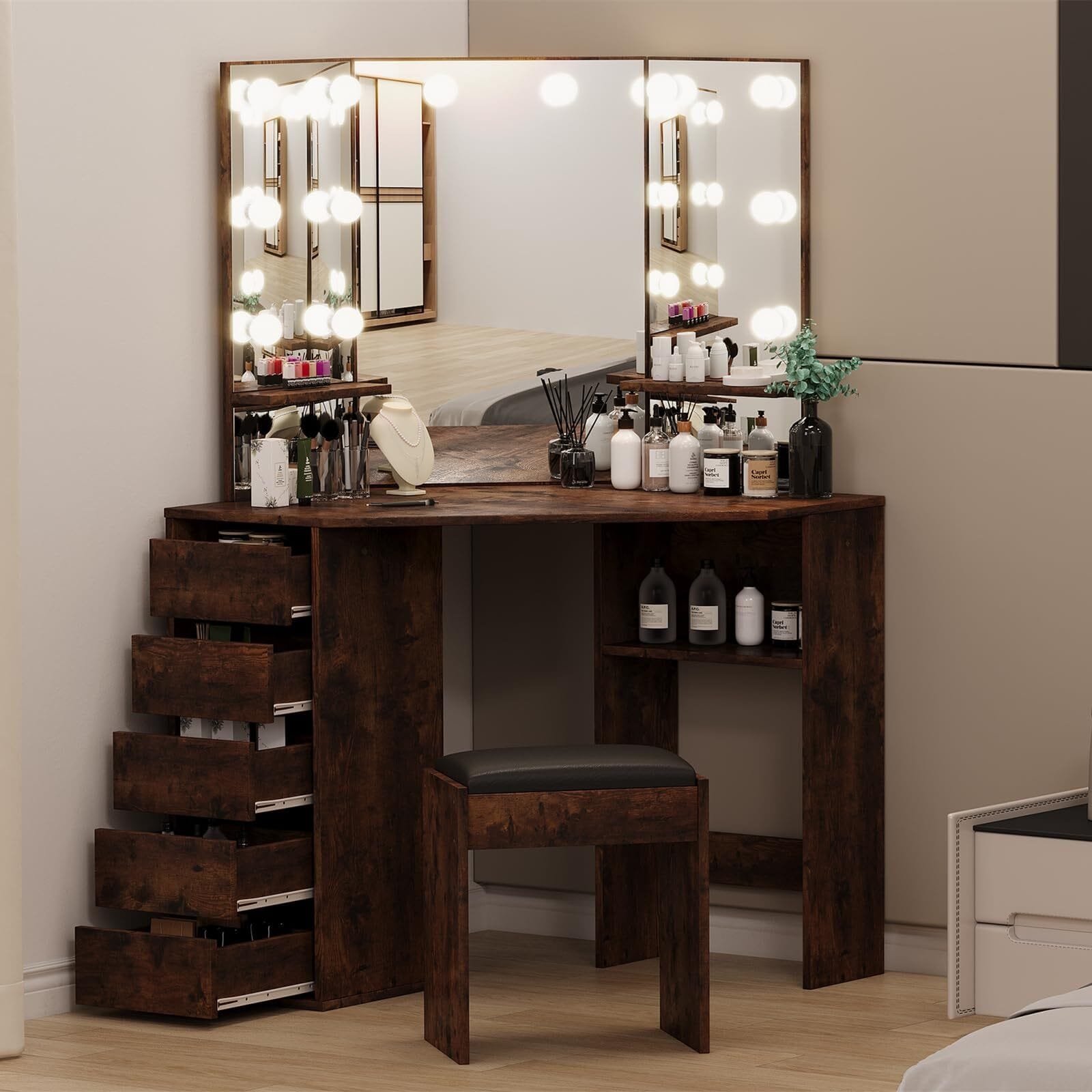 Vanity Desk with Mirror and Lights Corner Makeup Vanity Desk Brown