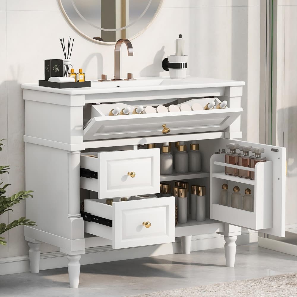 36" Bathroom Vanity with Sink, Freestanding Bathroom Cabinet with Ceramic Basin, Flip Drawer