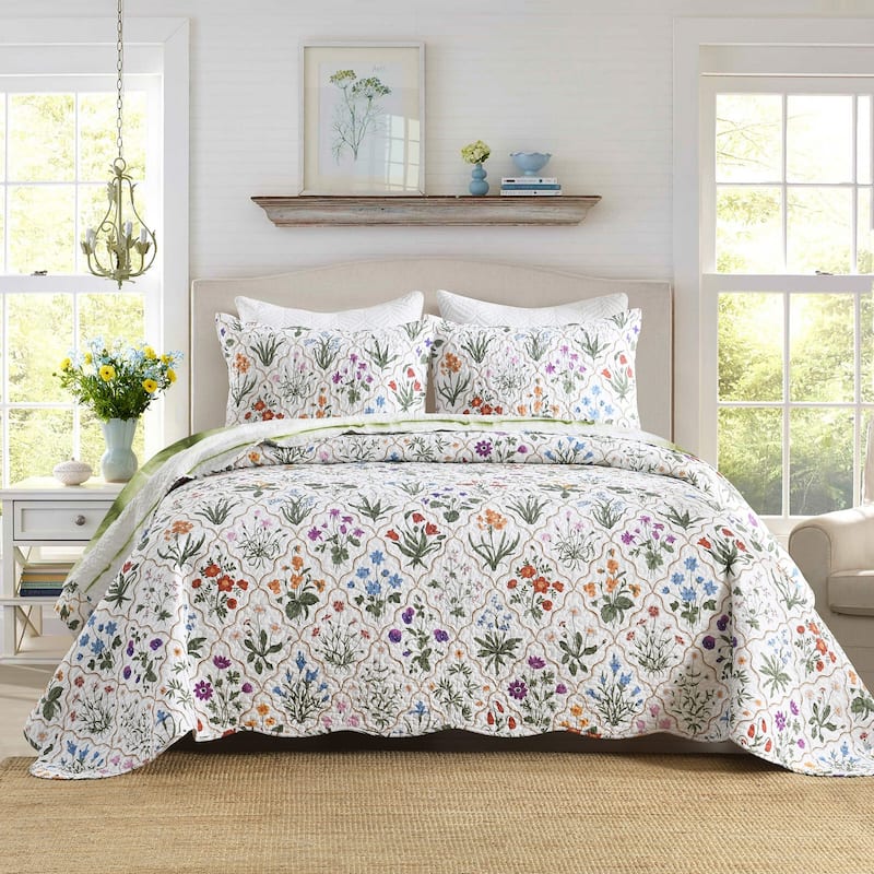 3 Pcs Colorful Botanical Printed Bedspread Set - Floral White - Queen