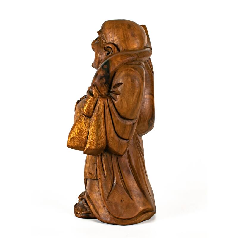 Wooden Traveling Happy Buddha Statue Hand Carved Smiling Sculpture Handmade Figurine Decorative Home Decor Wood Accent