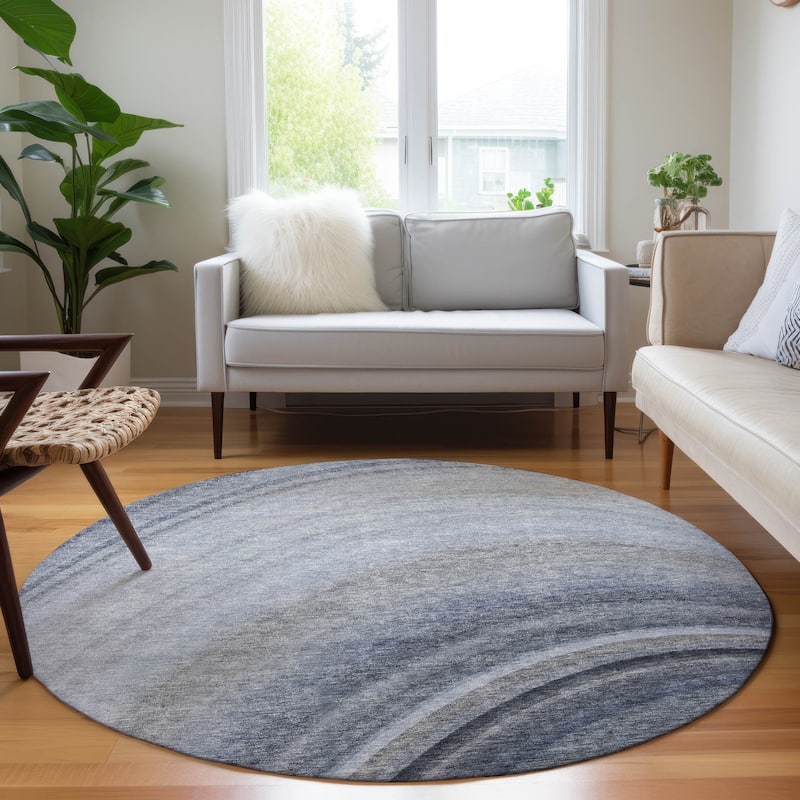 Machine Washable Indoor/ Outdoor Chantille Abstract Wave Rug - Blue - 8' x 8'